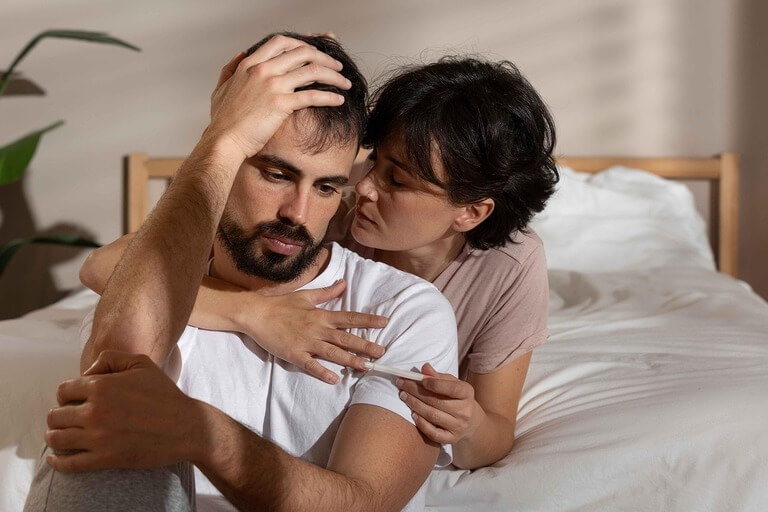 couple enlacé sur un lit face à la maladie invisible